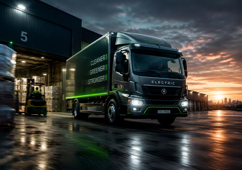 Electric box truck hauling goods from a warehouse