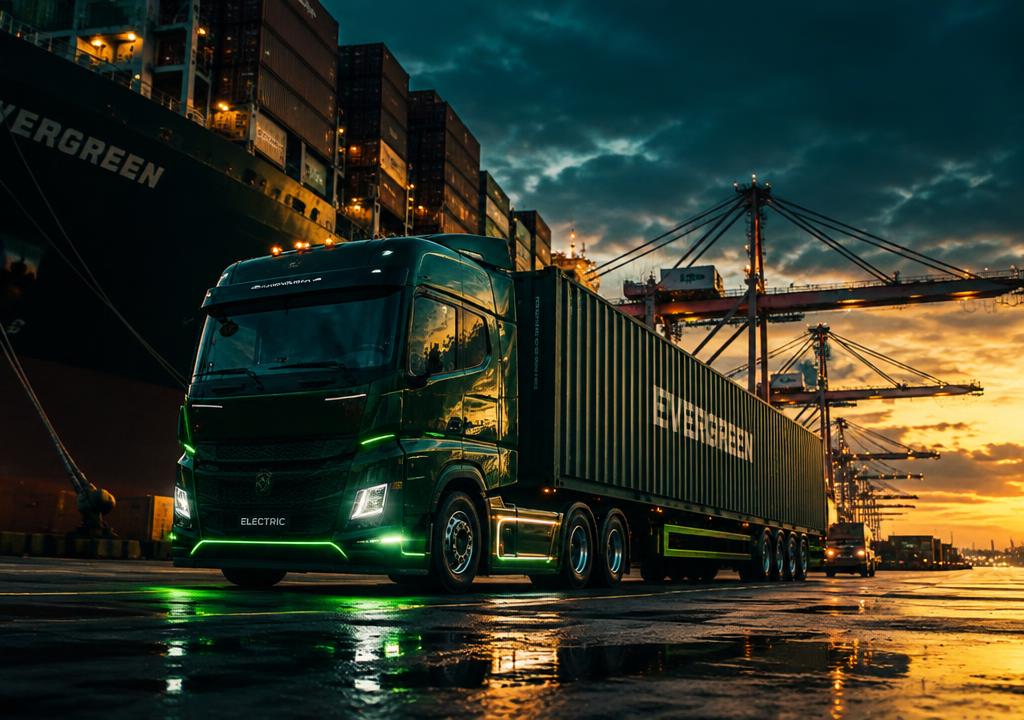 Electric truck hauling a shipping container at the port beside a cargo ship