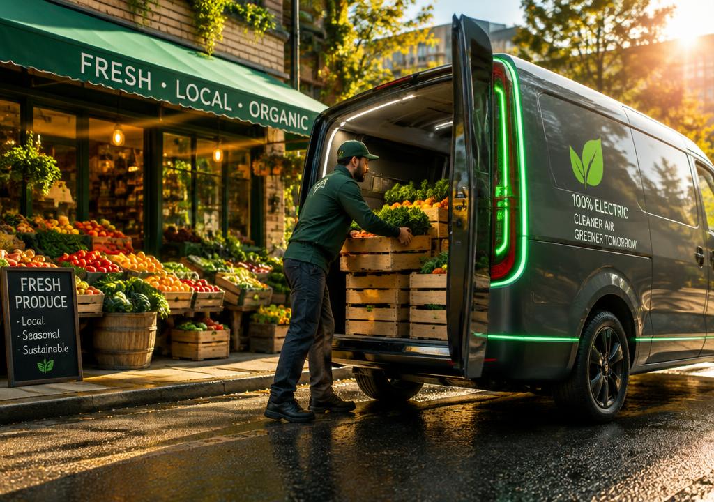 Closed electric van being loaded with fruits and vegetables